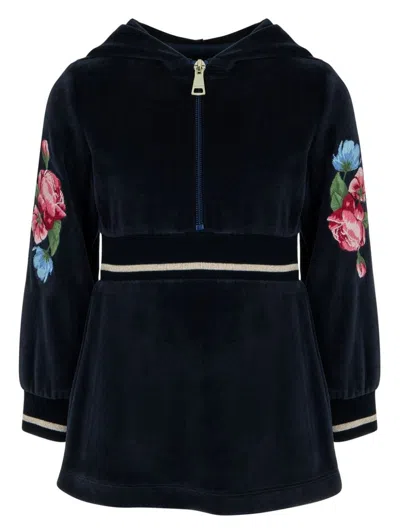 Lapin House Babies' Floral Embroidery Hooded Dress In Blue