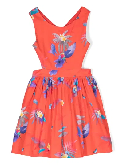 Lapin House Kids' Floral-print Open-back Dress In Red