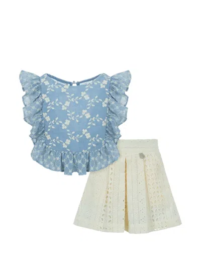 Lapin House Kids' Floral Ruffled Shorts Set In Blue