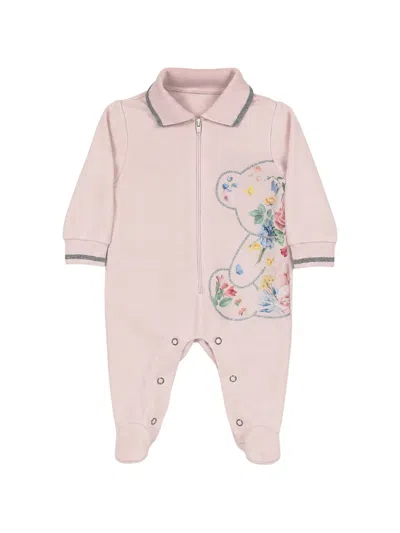Lapin House Babies' Floral-print Bear-motif Pink Bodysuit