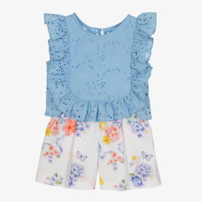 Lapin House Kids' Girls Blue Broderie Cotton Shorts Set
