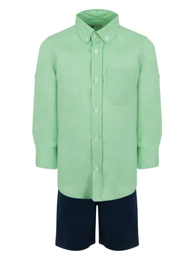 Lapin House Kids' Linen Shirt And Shorts Set In Green