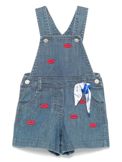Lapin House Kids' Lips-embroidered Dungarees In Blue