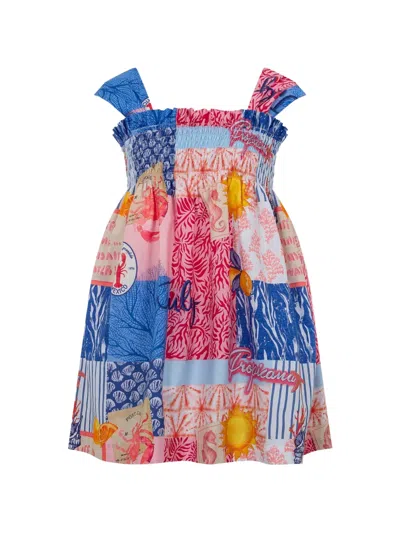 Lapin House Kids' Ruffled-trim Patchwork Dress In Blue