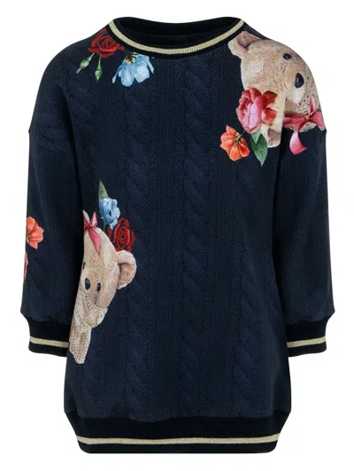 Lapin House Kids' Teddy Bear-print Knitted Dress In Blue