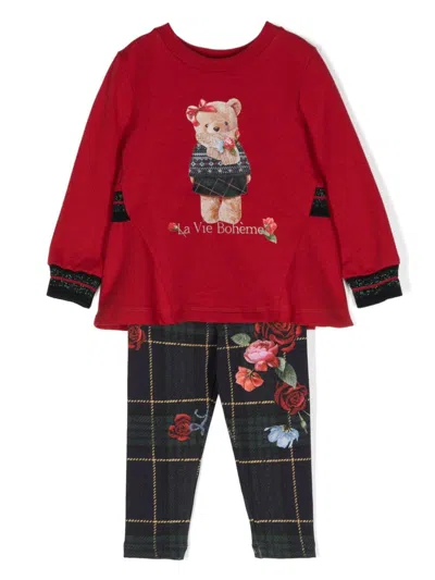 Lapin House Babies' Teddy Bear-print Trousers Set In Red