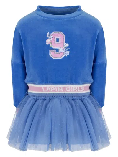 Lapin House Kids' Velvet Tulle-overlay Dress In Blue