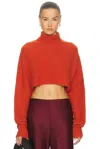 Lapointe Airy Cashmere Silk Ribbed Fray Hem Crop Turtleneck Sweater In Red
