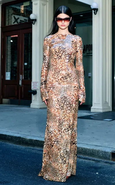 LAPOINTE LEOPARD-PRINT SEQUINED MAXI DRESS