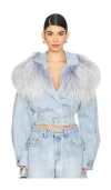 Lapointe Cropped Washed Denim And Shearling Biker Jacket In Light Indigo