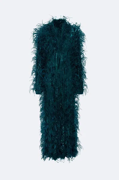 Lapointe Cascading Feather Embellished Coat In Dark Teal