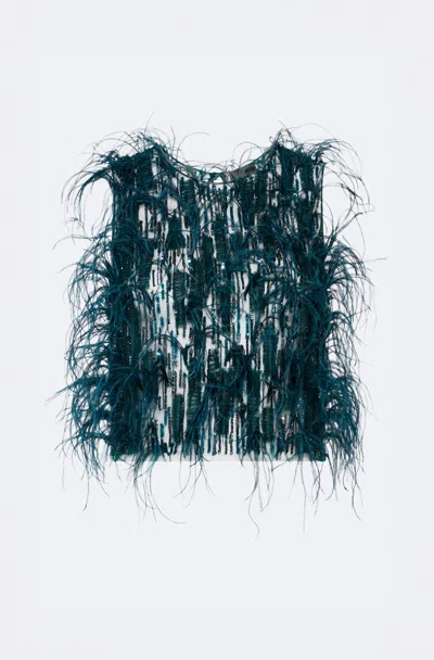 Lapointe Cascading Feather Embellished Cropped Tank In Dark Teal