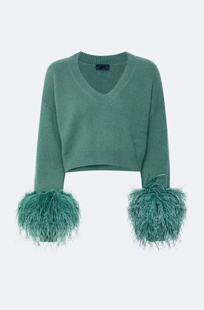 Lapointe Cashmere Cropped V Neck Sweater With Feathers In Green