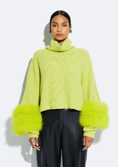 Lapointe Cashmere Turtleneck Sweater With Marabou In Lime