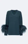 Lapointe Cashmere V Neck Sweater With Feathers In Marine