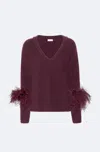 Lapointe Cashmere V Neck Sweater With Feathers In Mulberry
