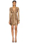 Lapointe Coated Jersey Deep V Neck Mini Dress In Pale Gold