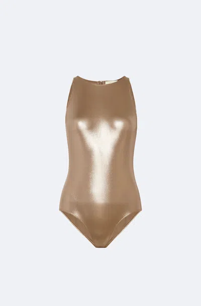 Lapointe Coated Jersey Halterneck Bodysuit In Pale Gold