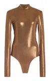 Lapointe Coated-jersey Mock-neck Bodysuit In Gold