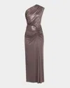Lapointe Coated Jersey Ruched One-shoulder Gown In Brown