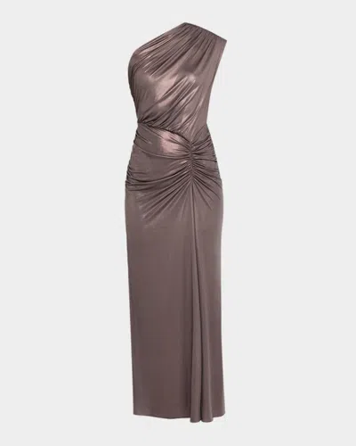 Lapointe Coated Jersey Ruched One-shoulder Gown In Brown