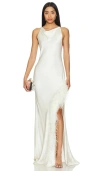 Lapointe Satin Cowl Neck Gown With Feathers In 奶油色