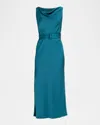 Lapointe Cowl-neck Satin Belted Sleeveless Midi Dress In Blue