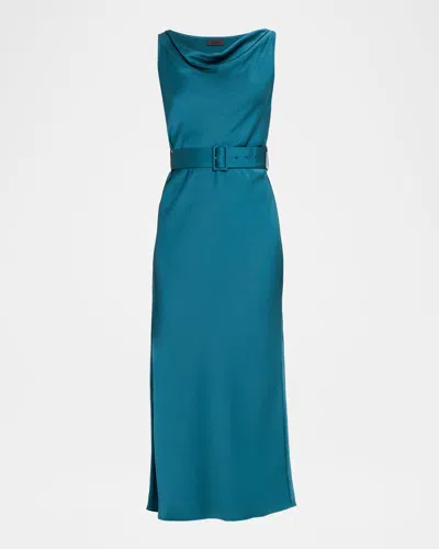 Lapointe Cowl-neck Satin Belted Sleeveless Midi Dress In Blue