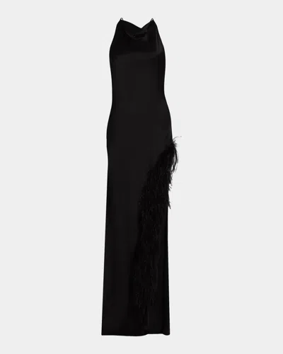 Lapointe Cowl Satin Ostrich Feather Gown In Black
