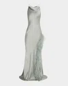 Lapointe Satin Halter Gown With Feathers In Jade