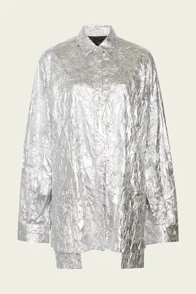 Lapointe Crinkle Metallic Oversized Shirt In Silver