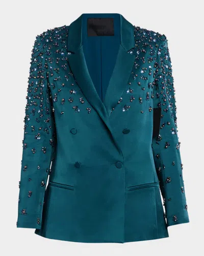 Lapointe Crystal Embroidered Satin Double-breasted Blazer In Blue