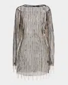 Lapointe Crystal Fringe Mesh Long-sleeve Mini Dress In Gray