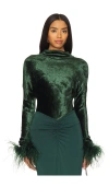 Lapointe Feather-trimmed Dolman-sleeve Velvet Top In Green