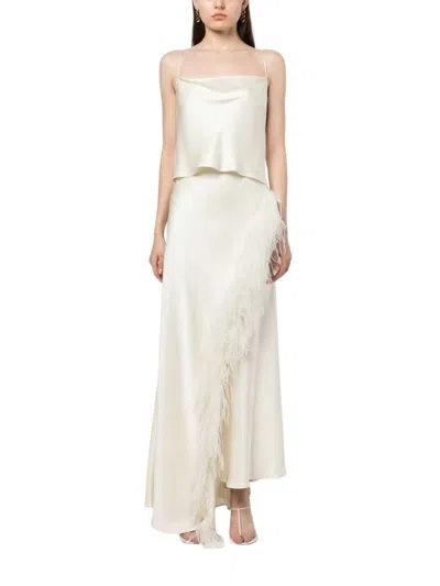 Lapointe Doubleface Satin Maxi Skirt With Ostrich Feathers In Cream In White