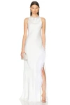 Lapointe Satin Cowl Neck Gown With Feathers In White