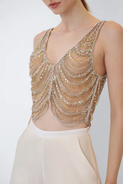 Lapointe Draped Crystal Embroidery V Neck Tank In Silver