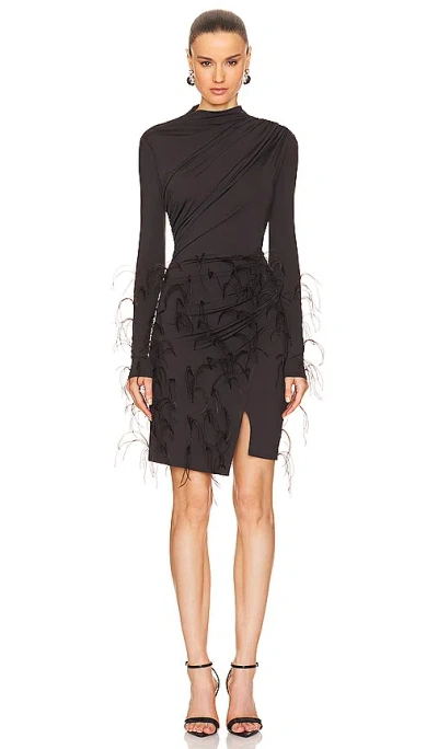 Lapointe Jersey Draped Mini Dress With Feathers In Cacao