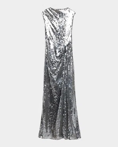 Lapointe Draped Sequined Mesh Sleeveless Gown In Gray