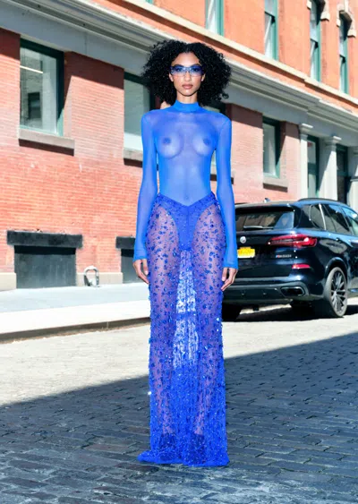 Lapointe Embroidered Mesh Ruched Maxi Skirt In Blue