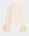 Lapointe Feather-cuff Long-sleeve Lightweight Georgette Top In Cream