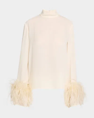 Lapointe Feather-cuff Long-sleeve Lightweight Georgette Top In Cream