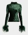 Lapointe Feather-trimmed Dolman-sleeve Velvet Top In Forest
