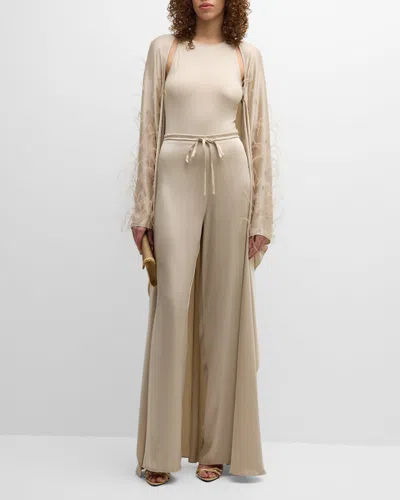 Lapointe Feather-embellished Doubleface Satin Long-sleeve Caftan In Sand