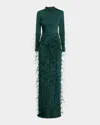 Lapointe Jersey Draped Gown With Feathers In Forest