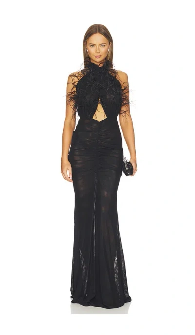 Lapointe Feather Embroidery Sleeveless Halter Ruched Gown In Black