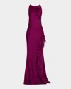 Lapointe Satin Halter Gown With Feathers In Berry