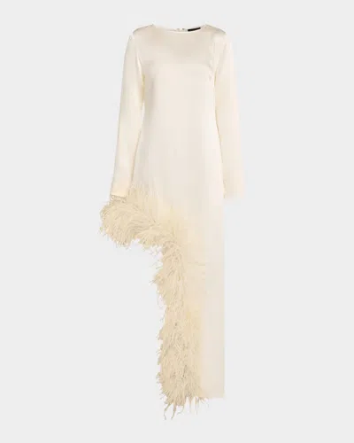Lapointe Feather-trim Asymmetric Long-sleeve Satin Dress In Neutral
