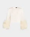 Lapointe Feather-trim Long-sleeve Crop Satin Top In Neutral