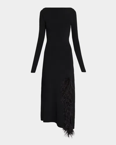 Lapointe Feather-trim Long-sleeve Matte Viscose Midi Dress In Black